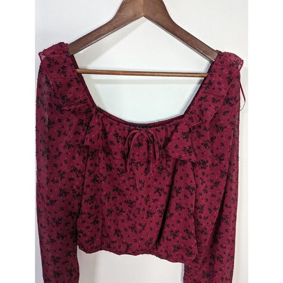 ✨Trixxi Peasant Blouse Chiffon Maroon Black Floral Long Sleeve Crop Top - Picture 3 of 6